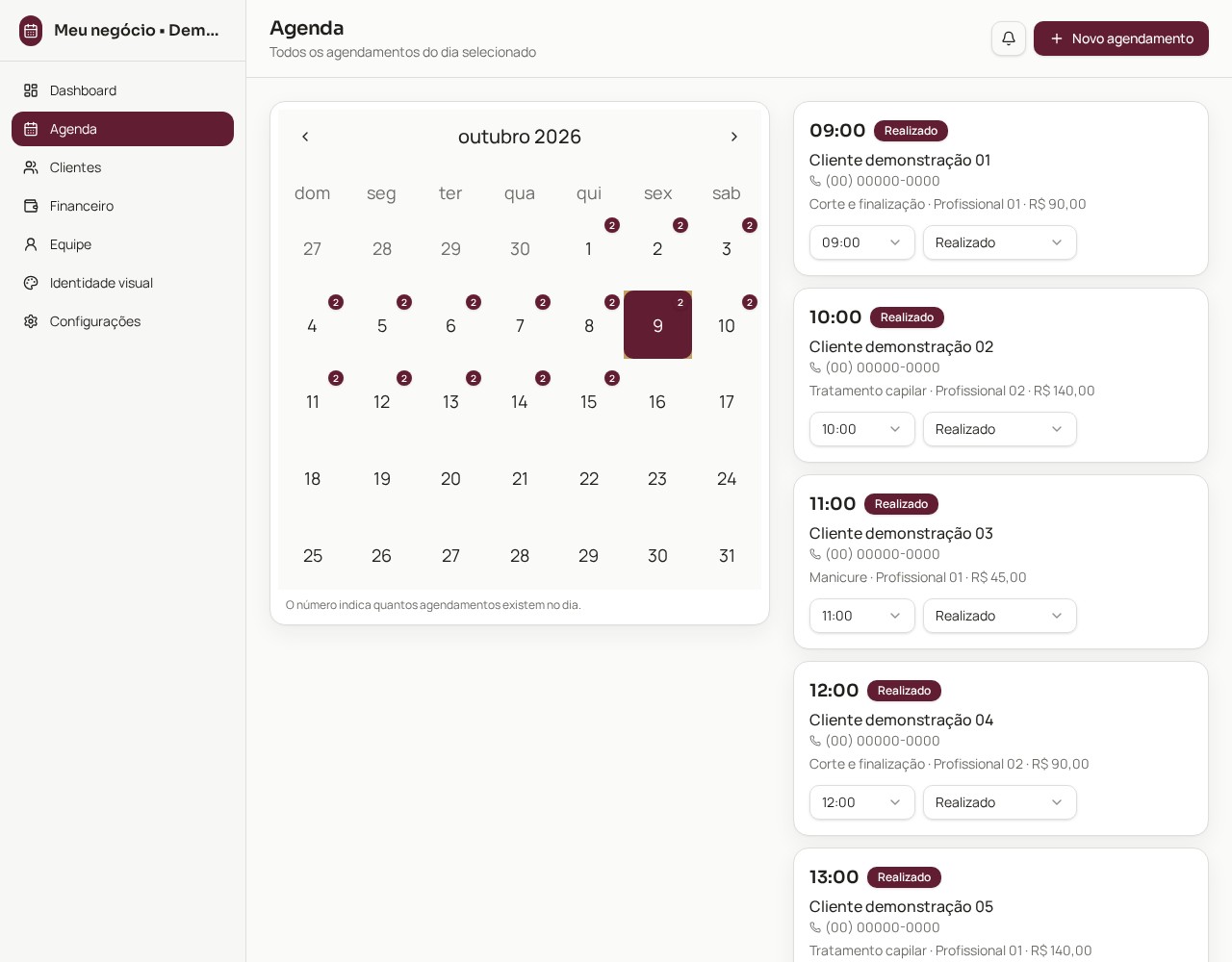 Tela de agenda do sistema com dados fictícios