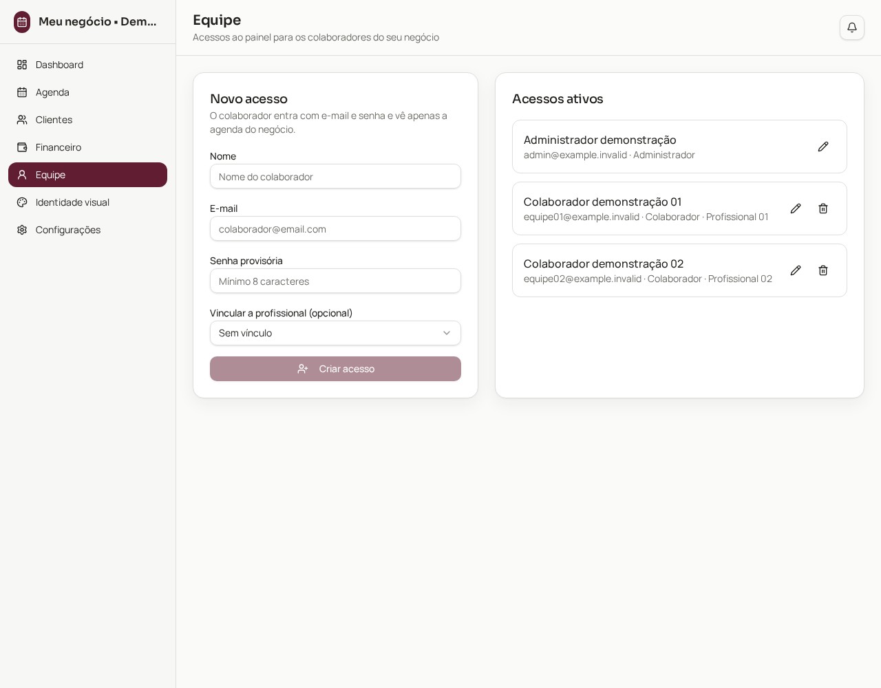 Tela de equipe do sistema com dados fictícios