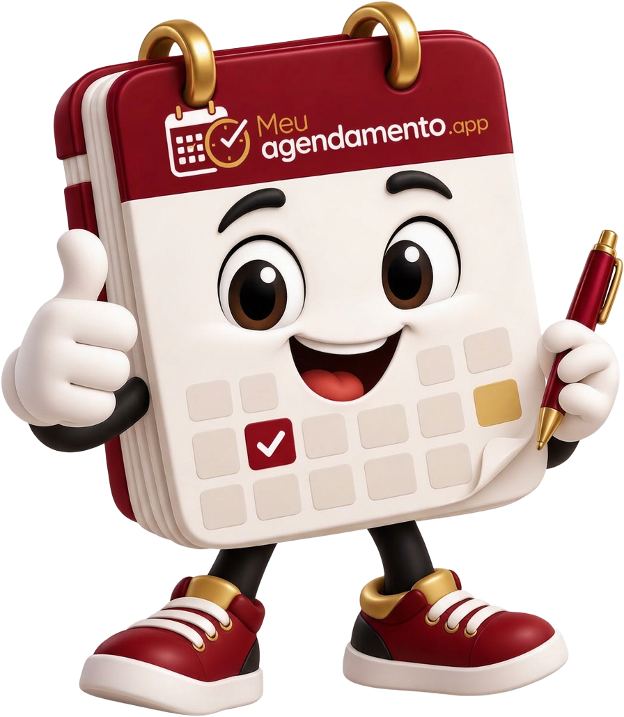 Mascote Meu agendamento.app: calendário sorridente vinho e dourado, mostrando joinha e segurando uma caneta